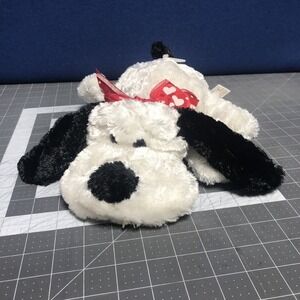 DanDee White Black Puppy Dog Floppy Ears Laying Down Plush Red Heart Bow Valenti